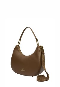 Borsa a mano in pelle marrone con forma curva, dettagli in metallo color oro e tracolla removibile con design a logo. Texture liscia, senza motivi visibili.