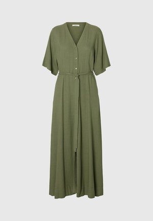 Rochie midi verde măsliniu cu mâneci scurte, decolteu în V, nasturi în față și curea legată în talie, afișată pe un fundal simplu.