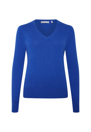 V-hals trui van felblauwe brei stof met lange mouwen en geribbelde zoom. Heeft een gladde textuur en minimale branding bij de halslijn.