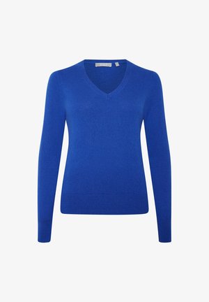 V-Ausschnitt Pullover aus leuchtend blauem Strickstoff mit langen Ärmeln und geripptem Saum. Verfügt über eine glatte Textur und eine minimalistische Markenkennzeichnung am Kragen.