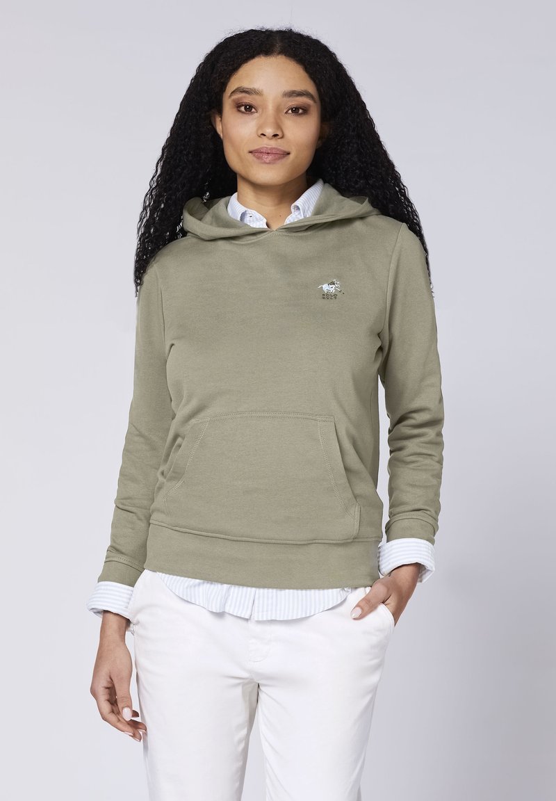 Hooded sweatshirt in light olive green, made from textured cotton. Features a front pocket and subtle logo detail on the chest.