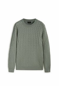 Vaaleanvihreä pyöreäkauluksinen villapaita, jossa on korkeakaulustyylinen malli, pitkät hihat ja resorit hihansuissa ja helmassa.