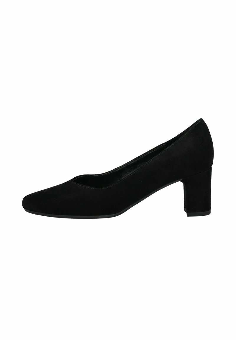 Escarpin femme en daim noir à talon bloc bas, bout arrondi et dos fermé, vue latérale sur fond blanc.