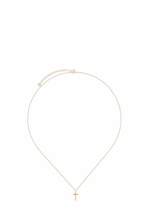 Złoty naszyjnik z cienkim łańcuchem i małym wisiorkiem w kształcie krzyża. Łańcuszek ma regulowaną długość z zapięciem.