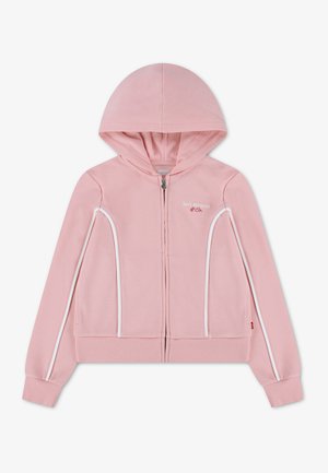 Lyserød hættetrøje med lynlås, frontlommer, hvide piping-detaljer, ribbede manchetter og kant samt "Levi Strauss & Co."-logo på brystet.