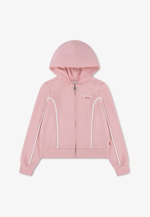 Rosa Kapuzenjacke mit Reißverschluss, Fronttaschen, weißen Paspelierungen, gerippten Bündchen und Saum sowie "Levi Strauss & Co."-Logo auf der Brust.