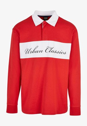 Rode lange mouwen polo shirt met een witte horizontale streep met daarop "Urban Classics" in zwarte script. Katoenen materiaal, puntige kraag.