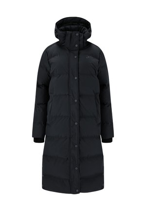 Sort polstret lang frakke med høj krave, trykknapper, ribbede manchetter og en glat, vandafvisende overflade. Har et logo på brystet.
