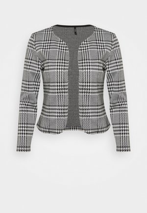 Zwart-witte jas met houndstooth-patroon, open voorkant, lange mouwen en een ronde halslijn.