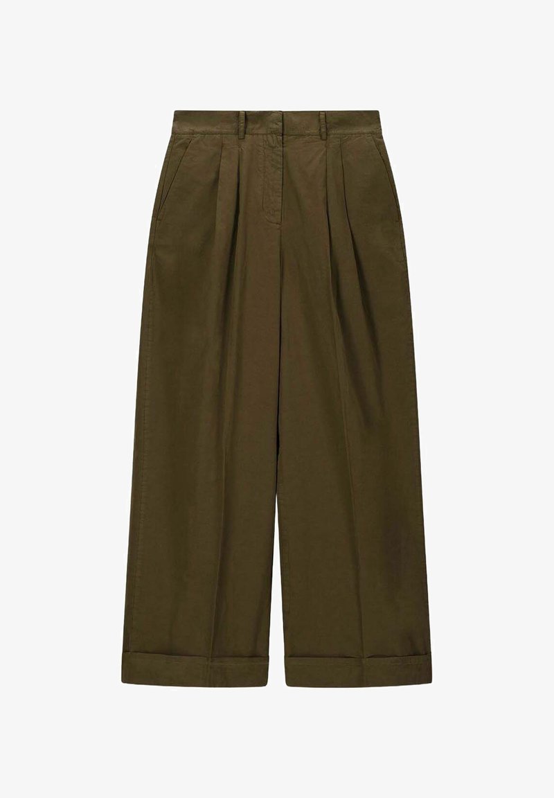 Pantalons larges en vert olive, fabriqués en coton. Présentent des plis avant, une taille haute et des ourlets retroussés. Texture lisse sans motifs.