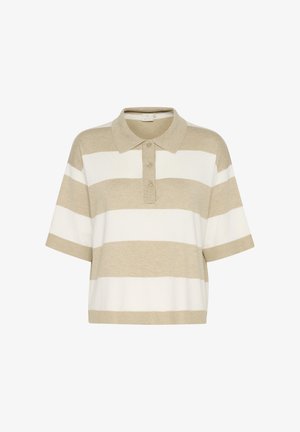 Randuet polo t-shirt i beige og hvid, korte ærmer, med en tre-knaps placket og en blød tekstur. Lige kant.