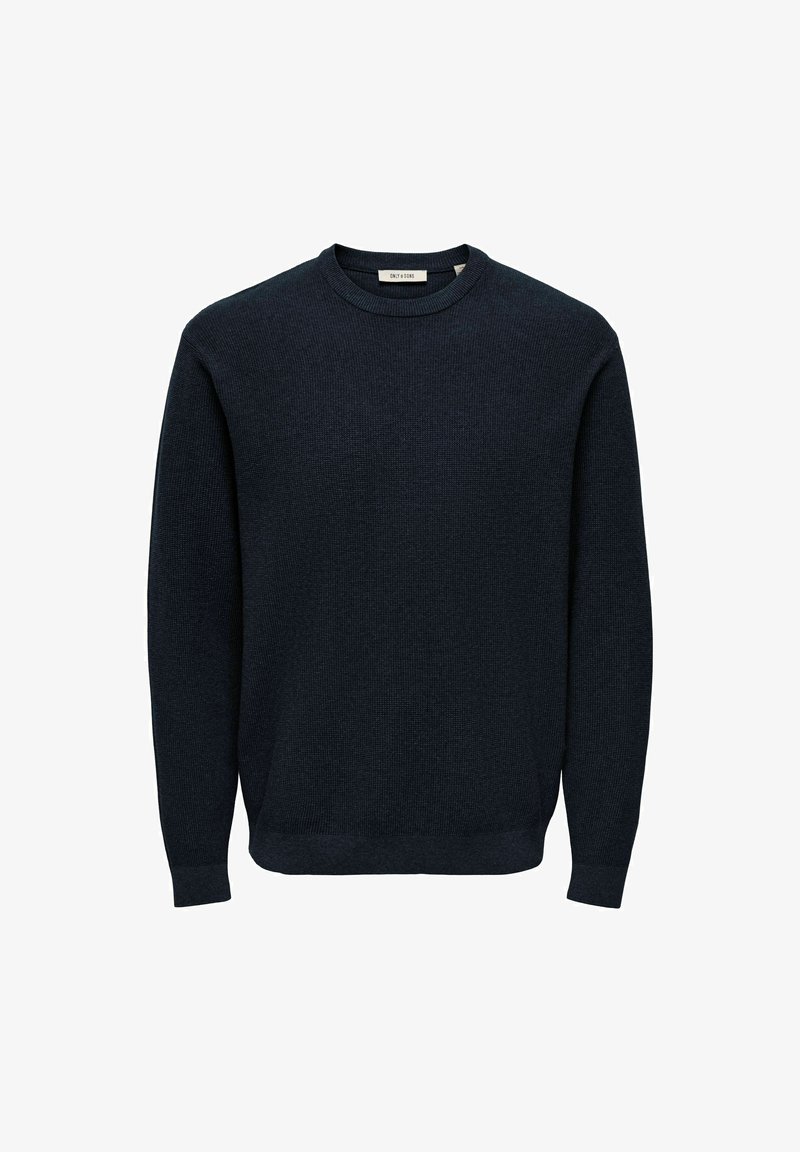 Pull en maille bleu marine foncé à manches longues et col rond, avec poignets et ourlet côtelés, présenté à plat sur fond blanc.