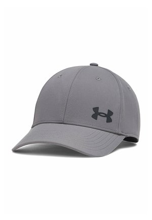 Graue Baseballkappe mit gebogenem Schirm und schwarzem Under Armour-Logo auf dem vorderen rechten Panel, dargestellt auf weißem Hintergrund.