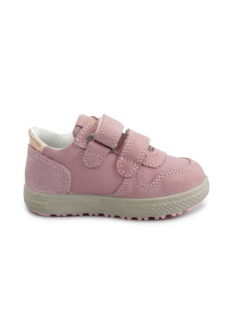Sneaker rosa per bambini con due fasce in Velcro, corpo in pelle texturizzata, contrasti in morbido rosa e una suola in gomma resistente con grip.