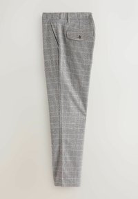 Gray plaid trousers with a textured fabric, featuring a single back pocket with a button closure and front pleats.