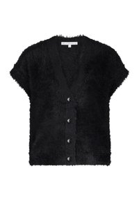 Zwarte fuzzy korte mouwen cardigan met V-hals en vier zwarte knopen aan de voorkant.
