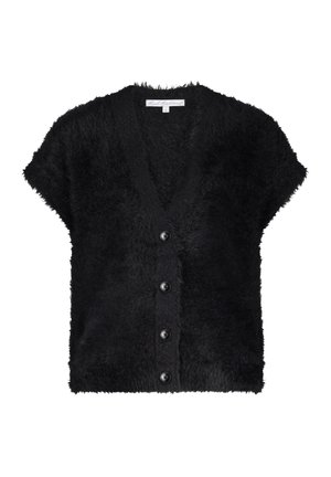 Zwarte fuzzy korte mouwen cardigan met V-hals en vier zwarte knopen aan de voorkant.