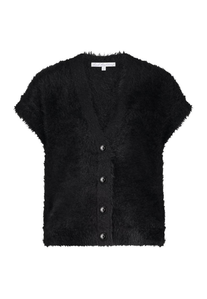 Zwarte fuzzy korte mouwen cardigan met V-hals en vier zwarte knopen aan de voorkant.