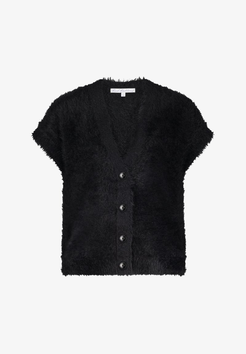 Zwarte fuzzy korte mouwen cardigan met V-hals en vier zwarte knopen aan de voorkant.
