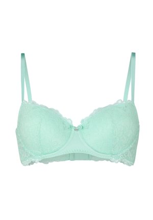 Hellgrüner Spitzen-BH mit dünnen, verstellbaren Trägern, Bügel-Cups und einer kleinen dekorativen Schleife in der Mitte vorne.