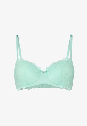Hellgrüner Spitzen-BH mit dünnen, verstellbaren Trägern, Bügel-Cups und einer kleinen dekorativen Schleife in der Mitte vorne.