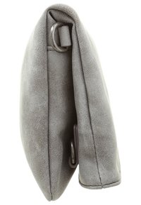 Gray suede clutch with a smooth texture, featuring a rounded shape and a side metal ring for attachment. Closed design with no visible hardware.