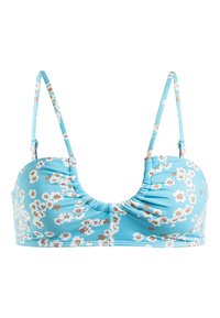 Lys blå blomstret bikinioverdel med rynkede detaljer. Har tynne justerbare stropper og en rund halslinje, dekorert med små hvite og brune blomster.