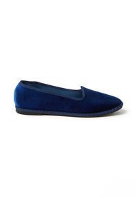 Pantofola in velluto blu navy con punta rotonda, materiale morbido e suola in gomma cucita. Presenta un bordo liscio e un design minimal.