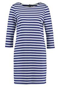 Marineblauw en witte gestreepte jurk met een ronde halslijn, driekwart mouwen en een ritssluiting achter. Gemaakt van een soepele, rekbare stof.