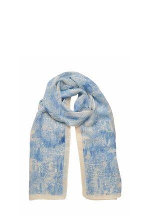 Light blue and white scarf with detailed cityscape and foliage patterns, folded in a loop with ends hanging down.