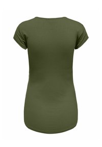 T-shirt a maniche corte verde oliva, morbido misto cotone, scollatura rotonda, vestibilità rilassata, orlo curvo, senza motivi o dettagli visibili.