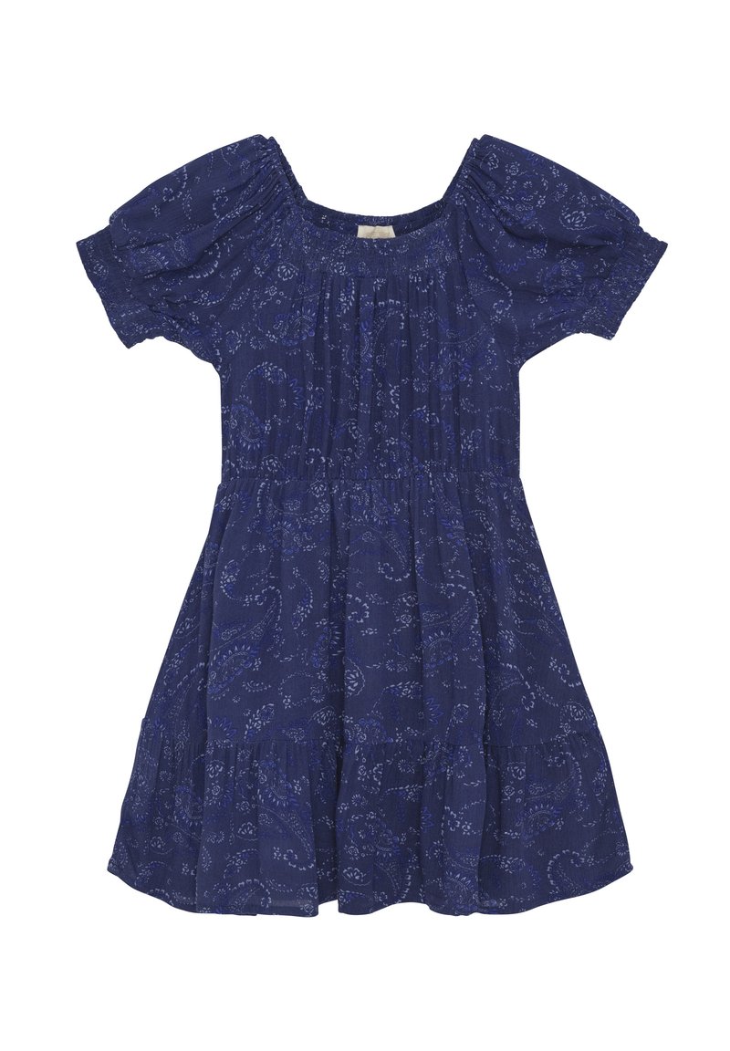 Marineblaues Kleid mit kurzen Puffärmeln, gerafftem Ausschnitt und einem gestuften Rock mit einem dezenten Paisleymuster. Hergestellt aus leichtem Stoff.