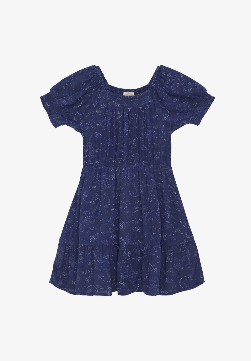 Marineblaues Kleid mit kurzen Puffärmeln, gerafftem Ausschnitt und einem gestuften Rock mit einem dezenten Paisleymuster. Hergestellt aus leichtem Stoff.