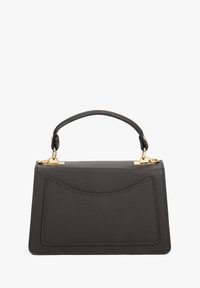 Szara skórzana torebka o zorganizowanym kształcie, z górnym uchwytem, złotymi detalami i gładką fakturą.