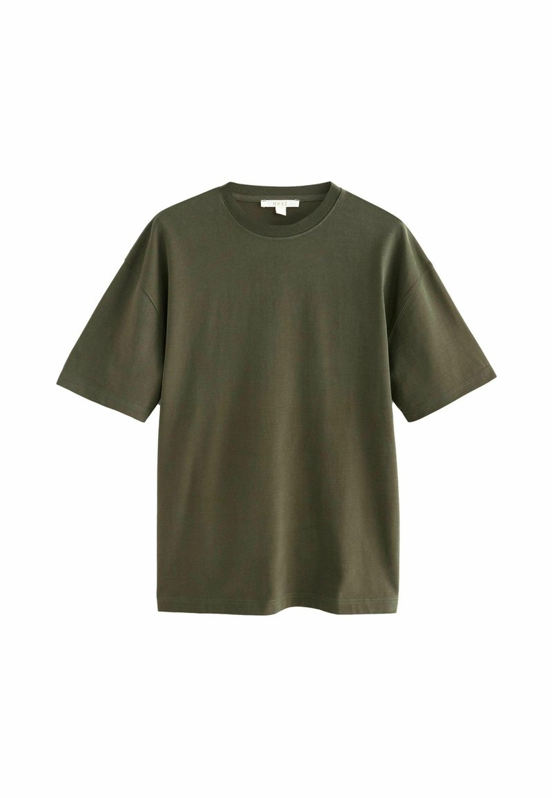 Oliven grøn bomulds t-shirt med klassisk rund hals, korte ærmer og en afslappet pasform. Glat tekstur uden synlige mønstre eller accenter.