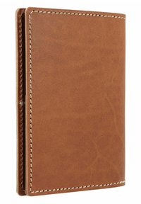 Bruine leren portemonnee met witte stiksels, met een gladde textuur en een eenvoudig, compact ontwerp. Geen zichtbare hardware of versieringen.