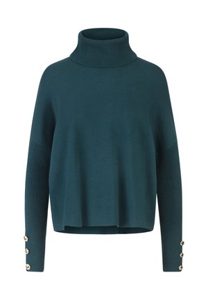 Pull à col roulé teal en maille douce, avec des manches côtelées et trois accents de boutons en or au niveau des poignets. Coupe décontractée et ample.