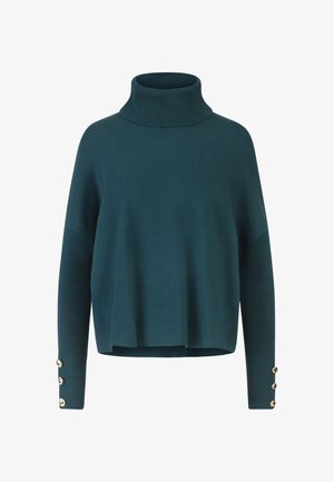 Tealfarbener Rollkragenpullover aus weichem Strickstoff, mit gerippten Ärmeln und drei goldenen Knopfakzenten am Bündchen. Lässige, entspannte Passform.