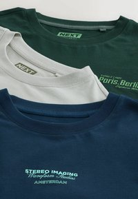 Drei T-Shirts aus grüner, grauer und marineblauer Baumwolle, die auf der Brust mit in kontrastierenden Farben bedrucktem Text und einem Rundhalsausschnitt ausgestattet sind.