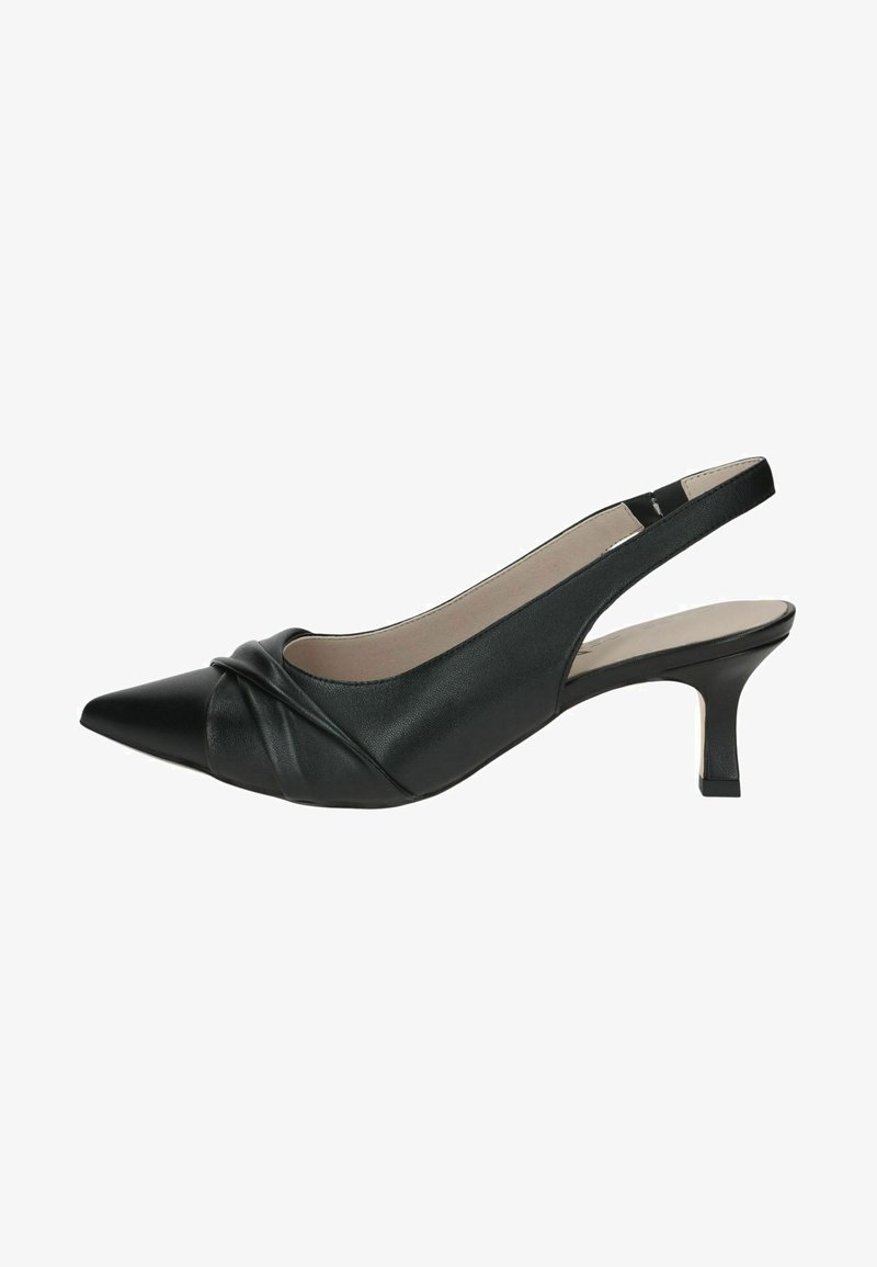 Must nahast slingback-kinga terava varbaga, esiosa on kergelt volditud ja tald on madal. Pehme tekstuur väheste metalldetailidega.