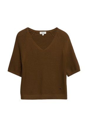 Brauner kurzärmeliger Strickpullover mit V-Ausschnitt und geripptem Saum, mit einem kleinen Metallmarkenzeichen in der Nähe der Taille.