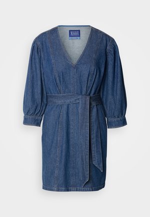 Denim wrap dress with a deep V-neck, puffed sleeves, and a tie belt. Dark blue color with visible stitching and a casual silhouette.