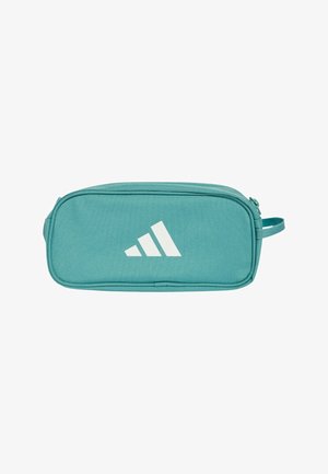 Borsa a zip in poliestere turchese di forma rettangolare, con un logo a striscia bianca sul davanti e un piccolo manico ad anello.