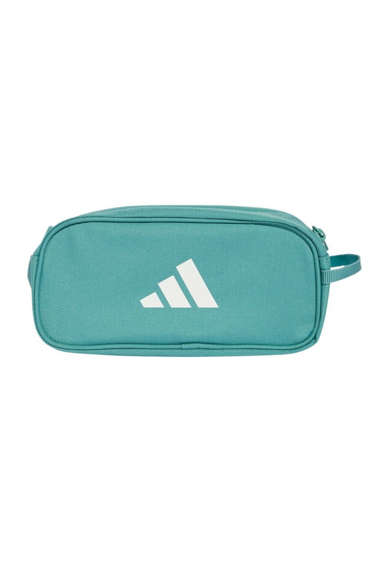 Funda de poliéster en color aguamarina con forma rectangular, que presenta un logo de franjas blancas en la parte delantera y un pequeño asa en forma de lazo.