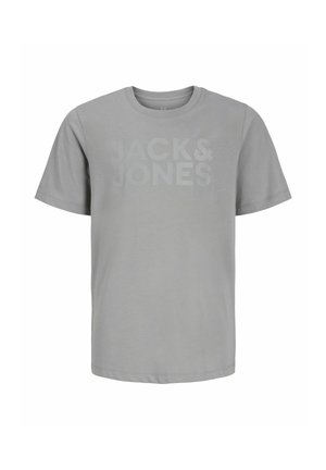 T-shirt en coton gris clair à manches courtes avec col rond et texte en relief discret "JACK & JONES" au centre devant.