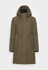 Olivgrön vadderad jacka med huva, tryckknappar framtill, elastisk midja och sidofickor. Strukturerad tyg med en slät yta.