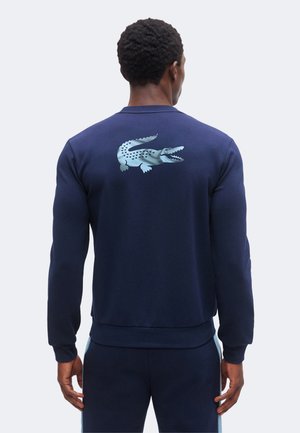 Homme portant un sweat-shirt bleu marine avec un grand logo crocodile bleu clair sur le haut du dos, debout de dos à la caméra.