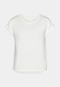 Camiseta blanca de manga corta con cuello redondo, dobladillo curvado y un sutil detalle de logo en la parte delantera. Hecha de tela suave y transpirable.