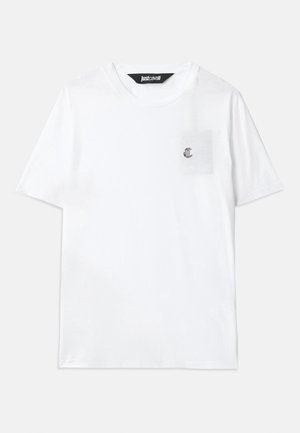T-shirt bianca in cotone con maniche corte, collo rotondo, taschino sul petto e logo ricamato in evidenza sulla tasca.