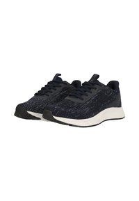 Marineblaue Sportschuhe mit strukturiertem Strickobermaterial, Schnürverschluss und weißer Zwischensohle. Mit einer schwarzen Gummisohle für guten Halt.